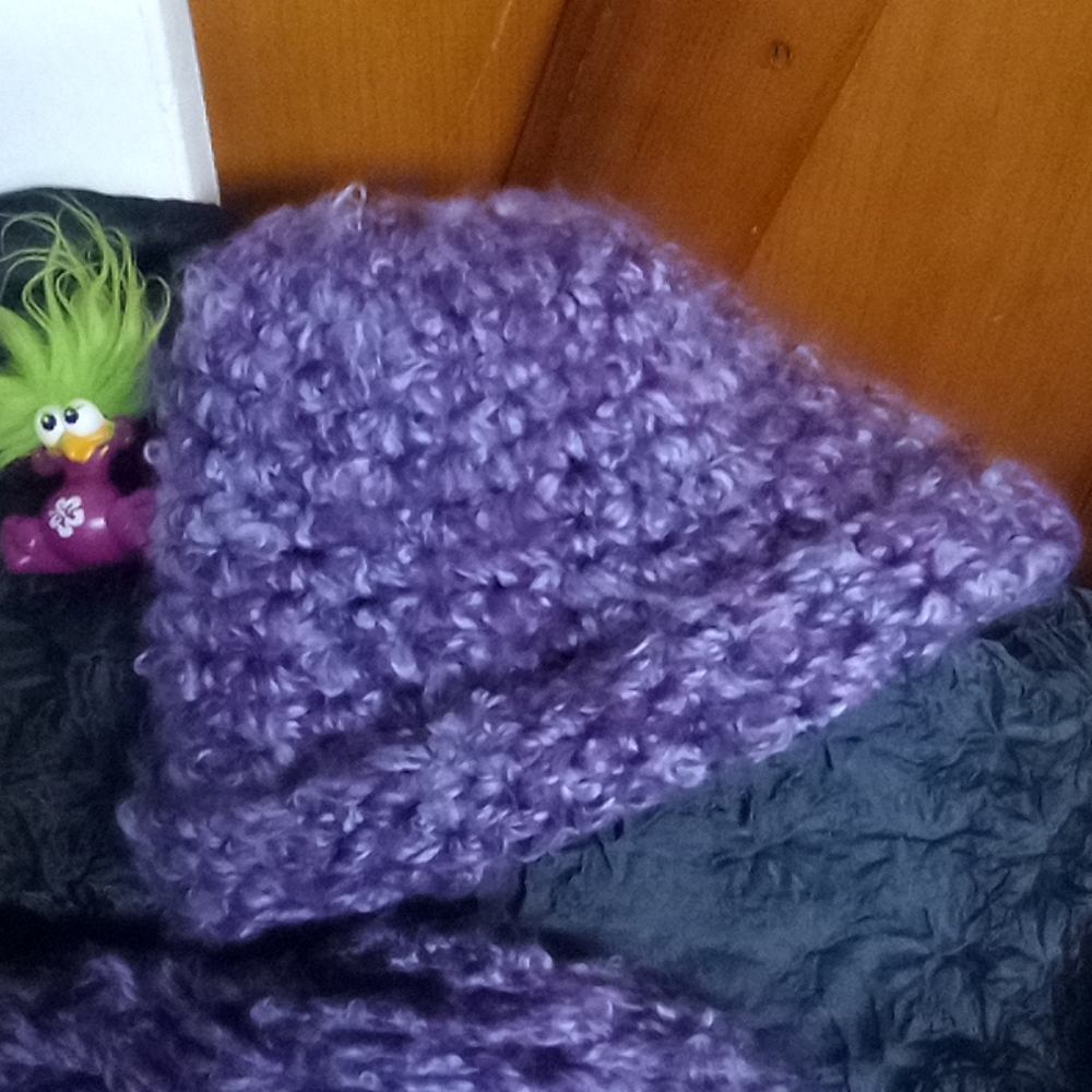 Hand Knitted Purple Beanie and Infinity Shawl - Picture 9 of 12